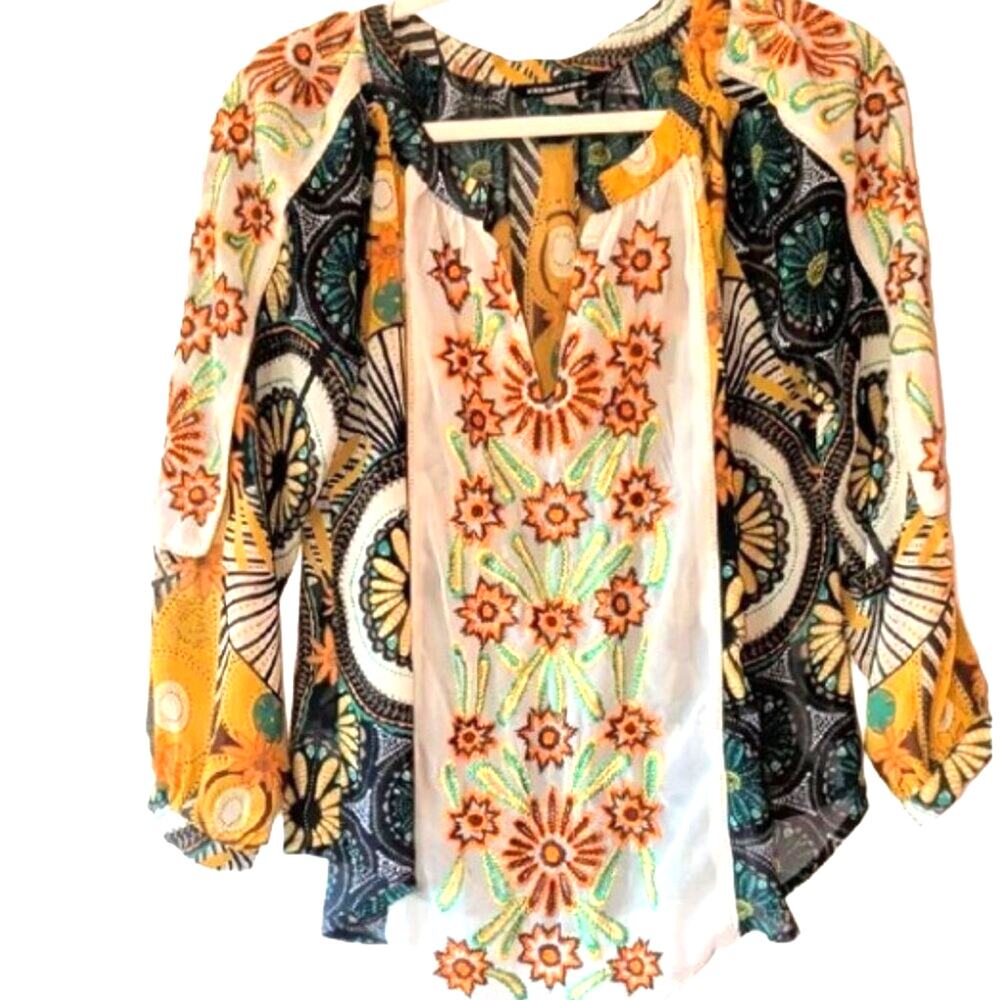 Kas New York Embroidered Boho Sheer Peasant Blouse Floral Top XS Sheer Peasant